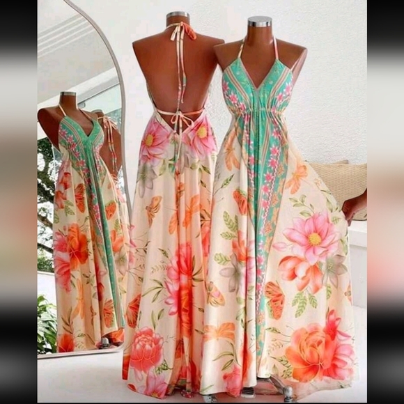 Dresses & Skirts - Floral Halter Maxi Dress - Multicolor